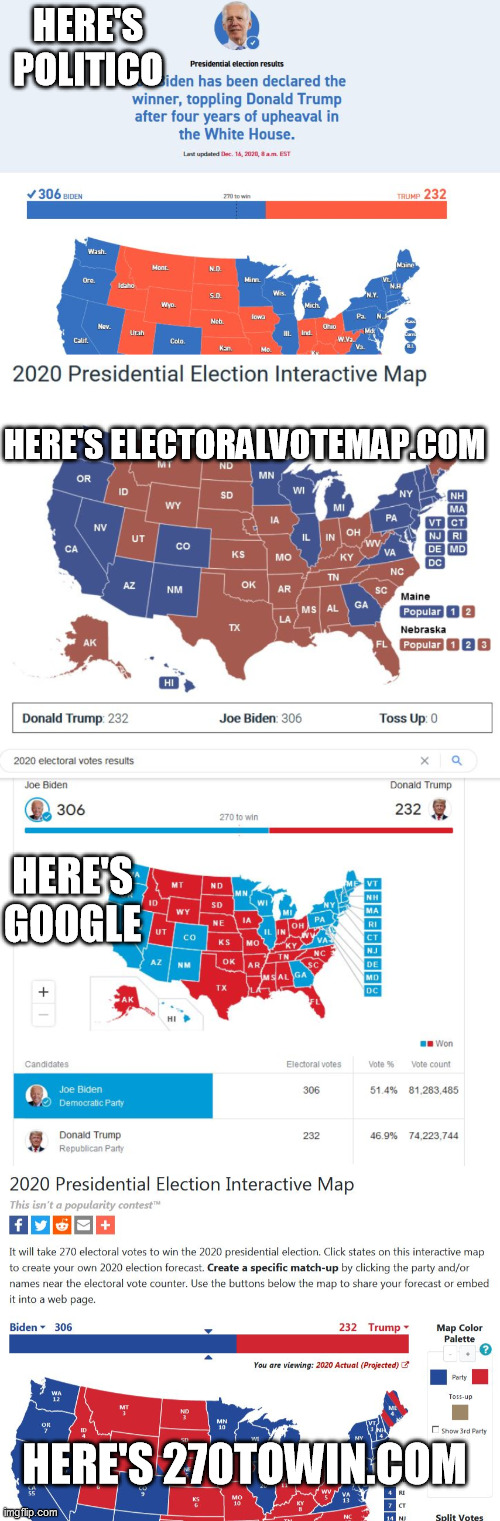 HERE'S POLITICO HERE'S ELECTORALVOTEMAP.COM HERE'S GOOGLE HERE'S 270TOWIN.COM | made w/ Imgflip meme maker