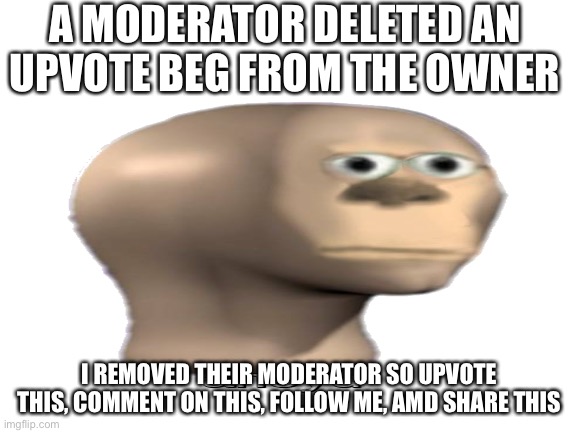 dont do it again and i'll never give u moderator back NOOB |  A MODERATOR DELETED AN UPVOTE BEG FROM THE OWNER; I REMOVED THEIR MODERATOR SO UPVOTE THIS, COMMENT ON THIS, FOLLOW ME, AMD SHARE THIS | made w/ Imgflip meme maker