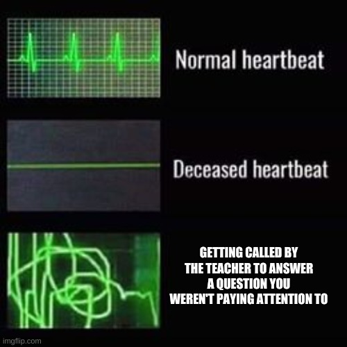 heartbeat rate | GETTING CALLED BY THE TEACHER TO ANSWER A QUESTION YOU WEREN'T PAYING ATTENTION TO | image tagged in heartbeat rate | made w/ Imgflip meme maker
