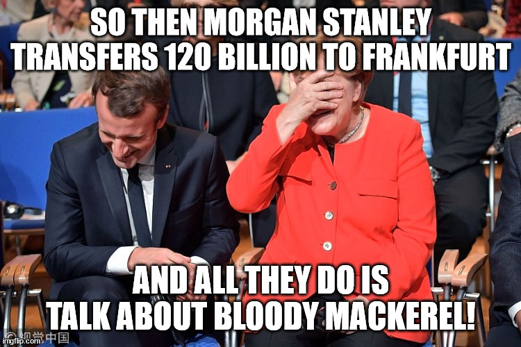 EU Brexit deal going well.. | SO THEN MORGAN STANLEY TRANSFERS 120 BILLION TO FRANKFURT; AND ALL THEY DO IS TALK ABOUT BLOODY MACKEREL! | image tagged in merkel,macron | made w/ Imgflip meme maker