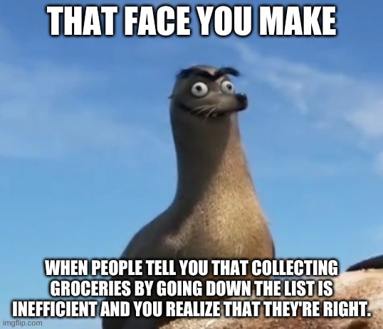 That moment of realization... | THAT FACE YOU MAKE; WHEN PEOPLE TELL YOU THAT COLLECTING GROCERIES BY GOING DOWN THE LIST IS INEFFICIENT AND YOU REALIZE THAT THEY'RE RIGHT. | image tagged in gerald the sea lion,autism,oops,whoops | made w/ Imgflip meme maker