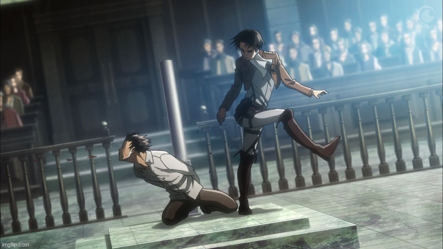 Levi kicking Eren Attack on Titan | image tagged in levi kicking eren attack on titan | made w/ Imgflip meme maker