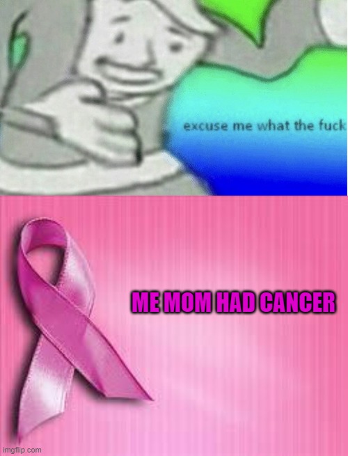 ME MOM HAD CANCER | image tagged in excuse me what the f ck,breast cancer awareness | made w/ Imgflip meme maker