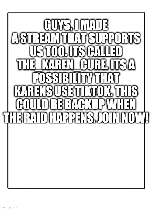 We need backup and i have some | GUYS, I MADE A STREAM THAT SUPPORTS US TOO. ITS CALLED THE_KAREN_CURE. ITS A POSSIBILITY THAT KARENS USE TIKTOK. THIS COULD BE BACKUP WHEN THE RAID HAPPENS. JOIN NOW! | image tagged in blank template | made w/ Imgflip meme maker