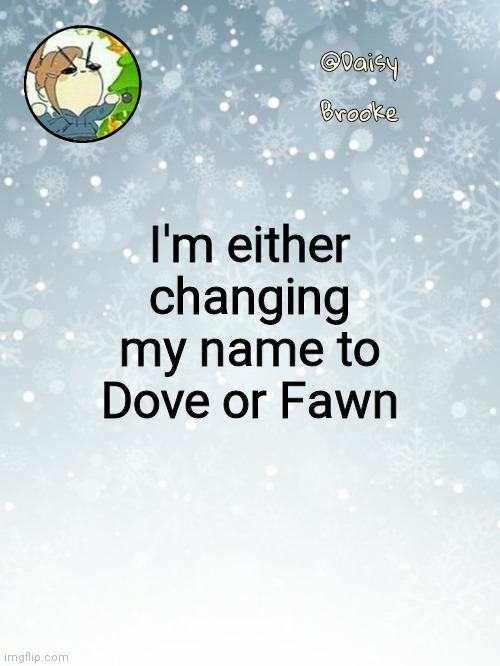 'Cuz | I'm either changing my name to Dove or Fawn | image tagged in daisy's christmas template | made w/ Imgflip meme maker