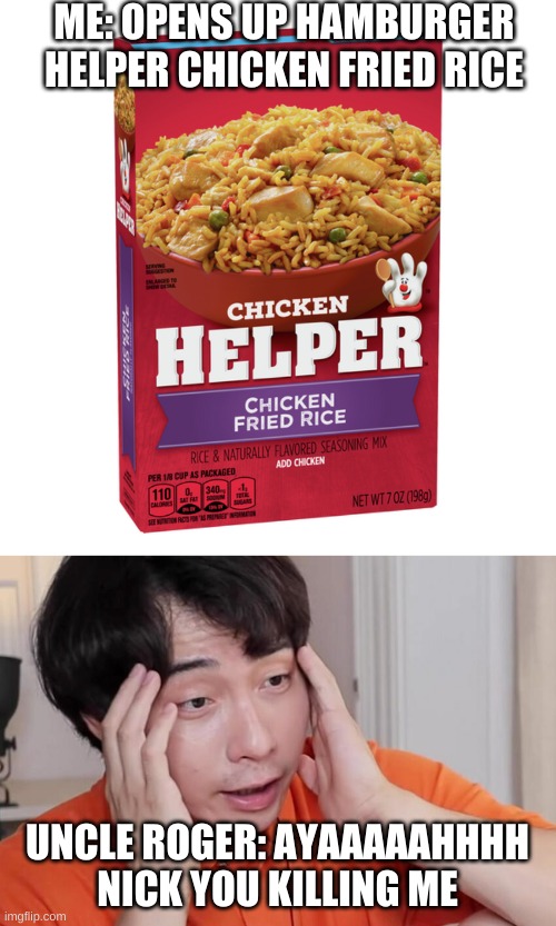 uncle roger hates packaged fried rice | ME: OPENS UP HAMBURGER HELPER CHICKEN FRIED RICE; UNCLE ROGER: AYAAAAAHHHH NICK YOU KILLING ME | image tagged in uncle roger haiyah | made w/ Imgflip meme maker