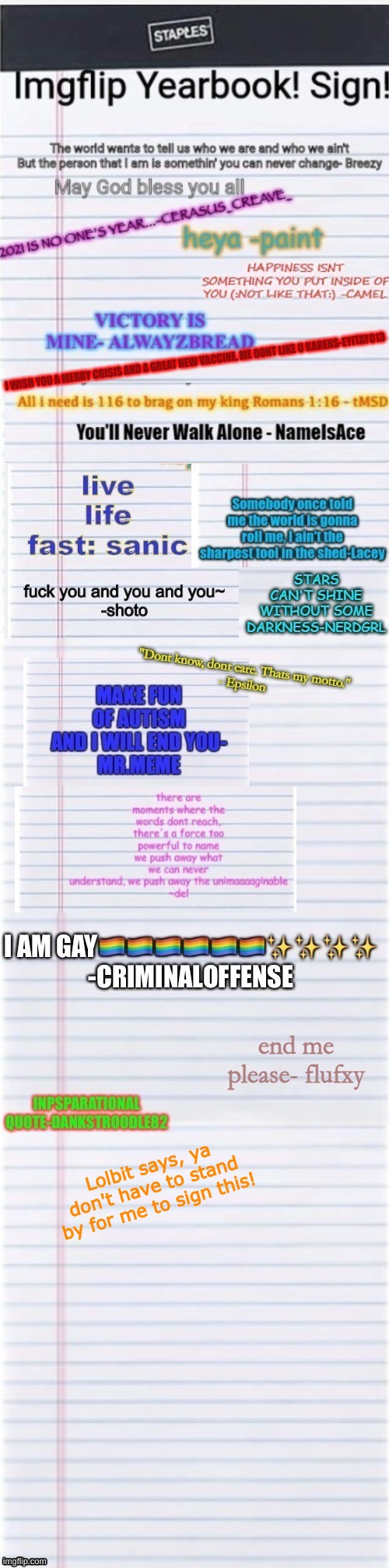 I hath signed the sacred yearbook uwu | Lolbit says, ya don't have to stand by for me to sign this! | image tagged in uwu | made w/ Imgflip meme maker