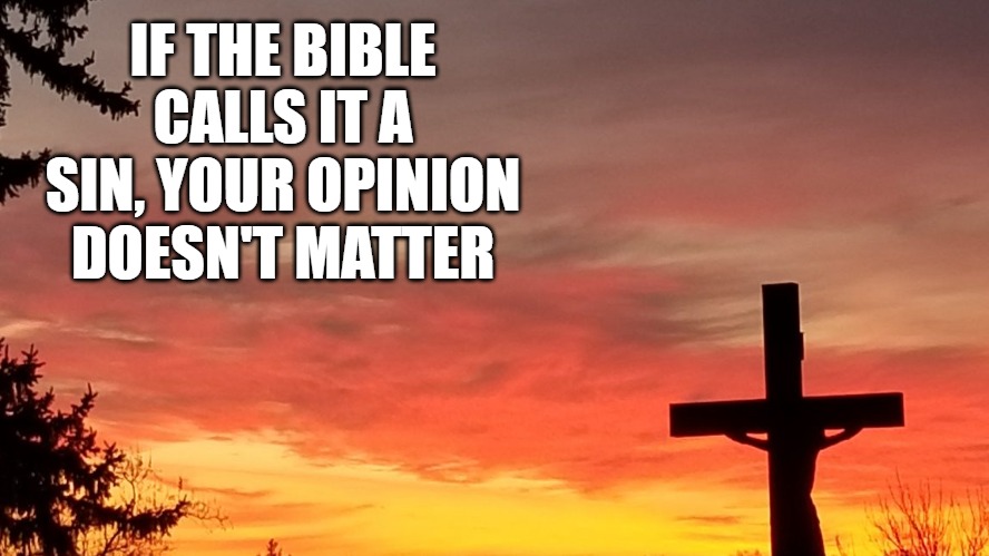 Bible | IF THE BIBLE CALLS IT A SIN, YOUR OPINION DOESN'T MATTER | image tagged in bible,sin,opinion,truth | made w/ Imgflip meme maker