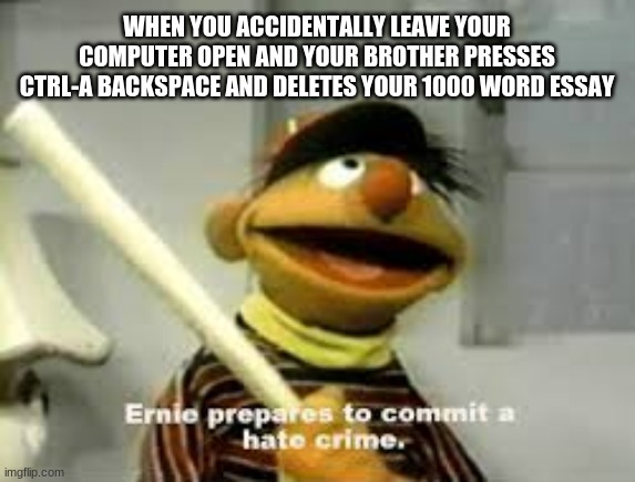 Ernie Prepares to commit a hate crime | WHEN YOU ACCIDENTALLY LEAVE YOUR COMPUTER OPEN AND YOUR BROTHER PRESSES CTRL-A BACKSPACE AND DELETES YOUR 1000 WORD ESSAY | image tagged in ernie prepares to commit a hate crime | made w/ Imgflip meme maker