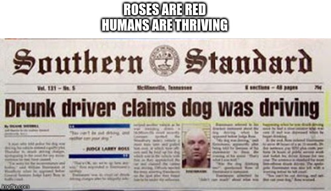 ROSES ARE RED
HUMANS ARE THRIVING | image tagged in memes | made w/ Imgflip meme maker