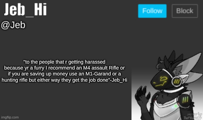 "to the people that r getting harassed because yr a furry I recommend an M4 assault Rifle or if you are saving up money use an M1-Garand or a hunting rifle but either way they get the job done"-Jeb_Hi | image tagged in jeb_hi | made w/ Imgflip meme maker