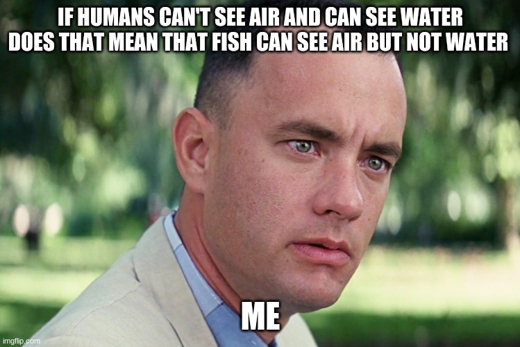 And Just Like That | IF HUMANS CAN'T SEE AIR AND CAN SEE WATER DOES THAT MEAN THAT FISH CAN SEE AIR BUT NOT WATER; ME | image tagged in memes,and just like that | made w/ Imgflip meme maker