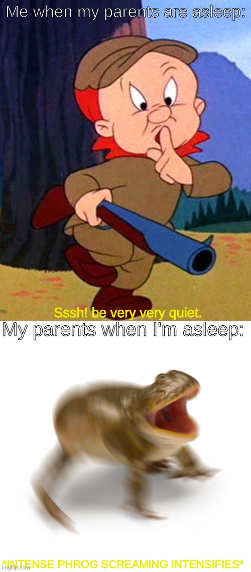 Oh I bet we all should relate to this. |  Me when my parents are asleep:; My parents when I'm asleep:; Sssh! be very very quiet. *INTENSE PHROG SCREAMING INTENSIFIES* | image tagged in elmer fudd,phrogg,funny,memes,relatable,stop reading the tags | made w/ Imgflip meme maker