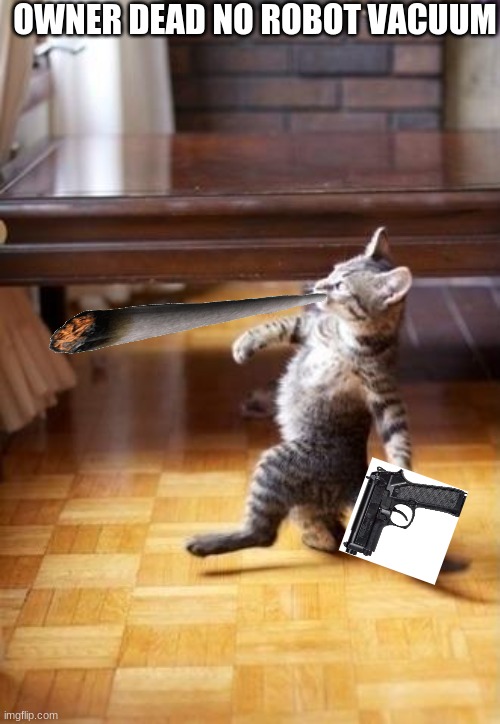 thug  cat | OWNER DEAD NO ROBOT VACUUM | image tagged in memes,cool cat stroll | made w/ Imgflip meme maker