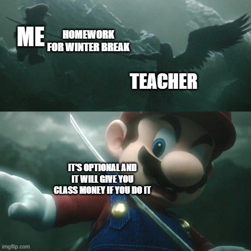 this actually happened to me | ME; HOMEWORK FOR WINTER BREAK; TEACHER; IT'S OPTIONAL AND IT WILL GIVE YOU CLASS MONEY IF YOU DO IT | image tagged in mario gets stabbed,memes,homework | made w/ Imgflip meme maker