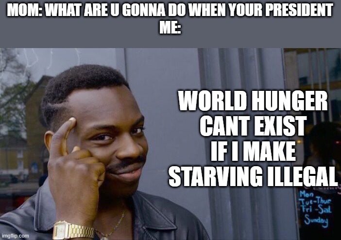 Roll Safe Think About It | MOM: WHAT ARE U GONNA DO WHEN YOUR PRESIDENT
ME:; WORLD HUNGER CANT EXIST IF I MAKE STARVING ILLEGAL | image tagged in memes,roll safe think about it,president,world hunger,jobs | made w/ Imgflip meme maker