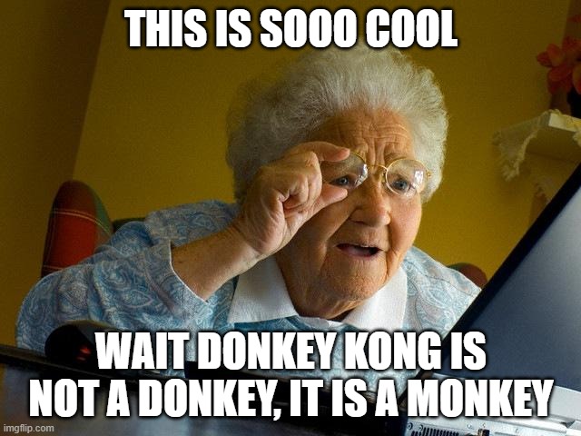 Grandma Finds The Internet Meme | THIS IS SOOO COOL; WAIT DONKEY KONG IS NOT A DONKEY, IT IS A MONKEY | image tagged in memes,grandma finds the internet | made w/ Imgflip meme maker