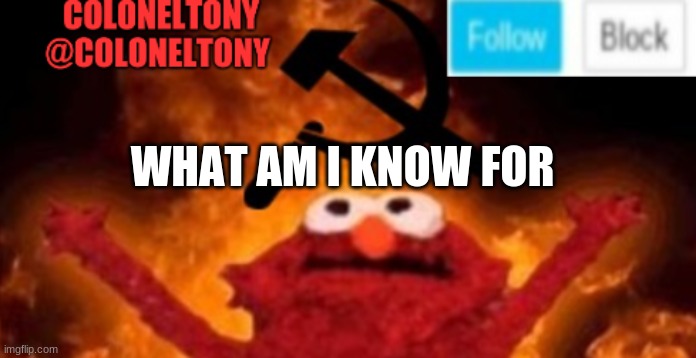 ColonelTony anoucment #2 | WHAT AM I KNOW FOR | image tagged in coloneltony anoucment 3 | made w/ Imgflip meme maker