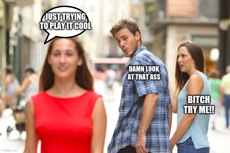 Distracted Boyfriend | JUST TRYING TO PLAY IT COOL; DAMN LOOK AT THAT ASS; BITCH TRY ME!! | image tagged in memes,distracted boyfriend | made w/ Imgflip meme maker