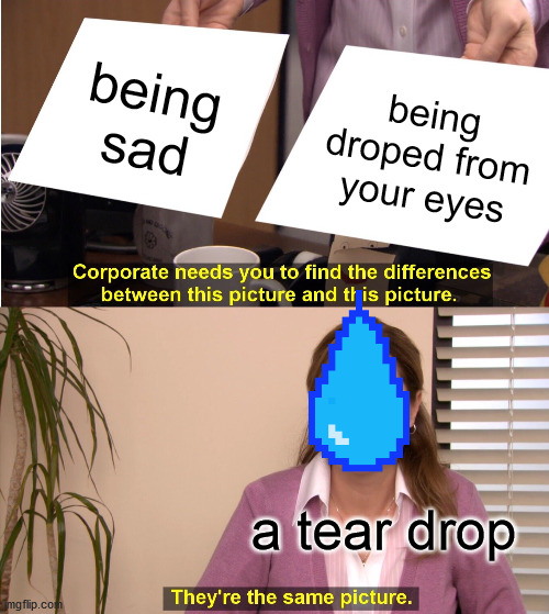 They're The Same Picture Meme | being sad; being droped from your eyes; a tear drop | image tagged in memes,they're the same picture | made w/ Imgflip meme maker