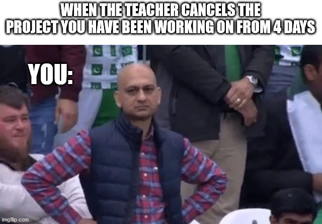 ughhh... | WHEN THE TEACHER CANCELS THE PROJECT YOU HAVE BEEN WORKING ON FROM 4 DAYS; YOU: | image tagged in muhammad sarim akhtar | made w/ Imgflip meme maker