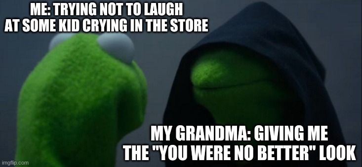 Evil Kermit | ME: TRYING NOT TO LAUGH AT SOME KID CRYING IN THE STORE; MY GRANDMA: GIVING ME THE "YOU WERE NO BETTER" LOOK | image tagged in memes,evil kermit | made w/ Imgflip meme maker