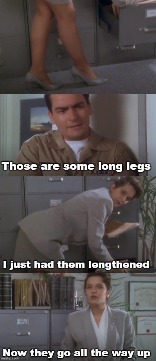 Long legs | Those are some long legs; I just had them lengthened; Now they go all the way up | image tagged in hot shots,memes,sexy legs,legs,charlie sheen | made w/ Imgflip meme maker