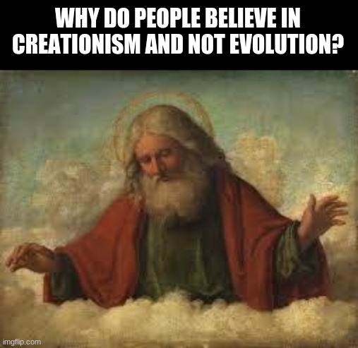 people say evolution is scientifically impossible yet believe things were like poof and everything happened | WHY DO PEOPLE BELIEVE IN CREATIONISM AND NOT EVOLUTION? | image tagged in god | made w/ Imgflip meme maker