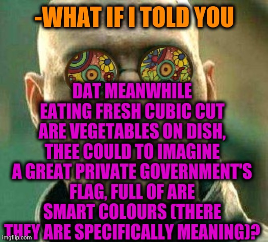 -King of users. | DAT MEANWHILE EATING FRESH CUBIC CUT ARE VEGETABLES ON DISH, THEE COULD TO IMAGINE A GREAT PRIVATE GOVERNMENT'S FLAG, FULL OF ARE SMART COLOURS (THERE THEY ARE SPECIFICALLY MEANING)? -WHAT IF I TOLD YOU | image tagged in acid kicks in morpheus,vegetables,colorful,one piece,flag,government | made w/ Imgflip meme maker