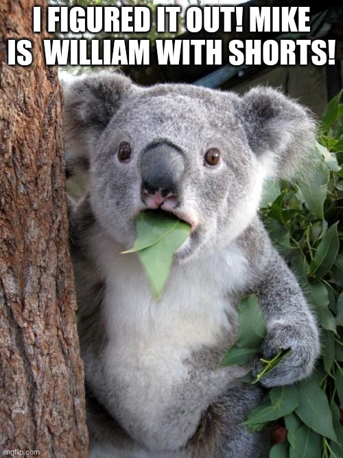 Surprised Koala | I FIGURED IT OUT! MIKE IS  WILLIAM WITH SHORTS! | image tagged in memes,surprised koala,fnaf | made w/ Imgflip meme maker