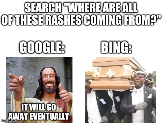 still no creative title :( | SEARCH "WHERE ARE ALL OF THESE RASHES COMING FROM?"; GOOGLE:; BING:; IT WILL GO AWAY EVENTUALLY | image tagged in memes,funny,google,bing,coffin dance,buddy christ | made w/ Imgflip meme maker