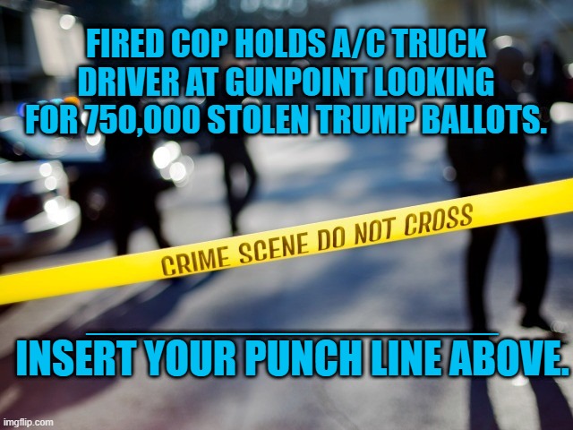 Luckily, No One Was Hurt. | FIRED COP HOLDS A/C TRUCK DRIVER AT GUNPOINT LOOKING FOR 750,000 STOLEN TRUMP BALLOTS. _________________ INSERT YOUR PUNCH LINE ABOVE. | image tagged in politics | made w/ Imgflip meme maker