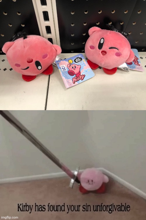 The Kirby on the left: Oh my | image tagged in kirby has found your sin unforgivable,you had one job,kirby,gaming,memes,design fails | made w/ Imgflip meme maker