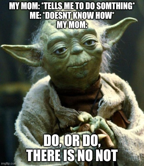 every time | MY MOM: *TELLS ME TO DO SOMTHING*
ME: *DOESNT KNOW HOW*
MY MOM:; DO, OR DO, THERE IS NO NOT | image tagged in memes,star wars yoda | made w/ Imgflip meme maker