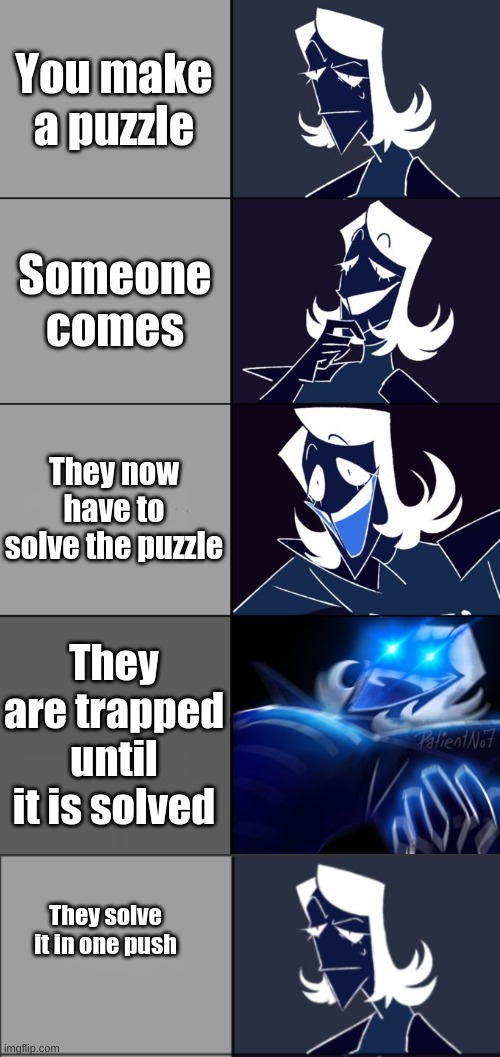 Rouxls Kaard in a Nutshell | You make a puzzle; Someone comes; They now have to solve the puzzle; They are trapped until it is solved; They solve it in one push | image tagged in rouxls kaard | made w/ Imgflip meme maker