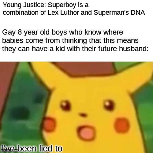 Surprised Pikachu | Young Justice: Superboy is a combination of Lex Luthor and Superman's DNA; Gay 8 year old boys who know where babies come from thinking that this means they can have a kid with their future husband:; I've been lied to | image tagged in memes,surprised pikachu | made w/ Imgflip meme maker