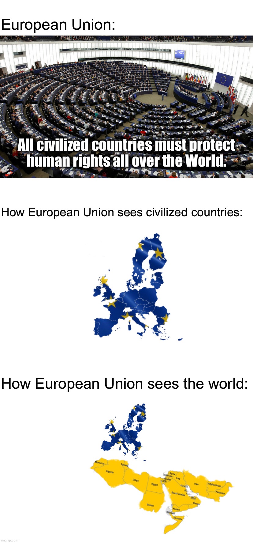 “The world of men and women we must tolerate” - Tolerant Europeans | European Union:; All civilized countries must protect
human rights all over the World. How European Union sees civilized countries:; How European Union sees the world: | image tagged in funny,memes,europe,funny memes,so true memes,first world problems | made w/ Imgflip meme maker