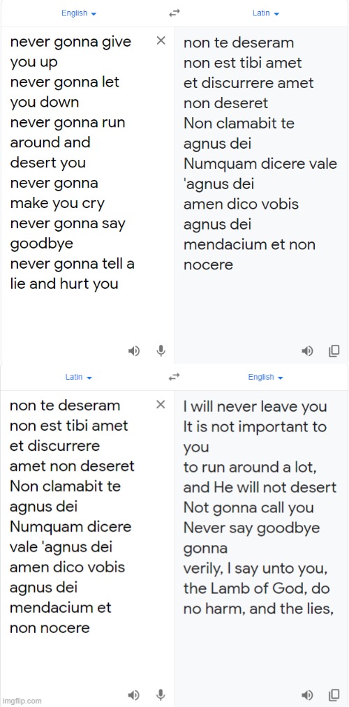 When you try to rickroll your new Latin teacher but fail... | image tagged in google translate,translation fail | made w/ Imgflip meme maker