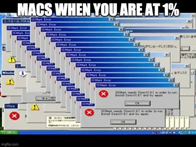 Macs at 1 percent | MACS WHEN YOU ARE AT 1% | image tagged in windows errors,macs,low battery | made w/ Imgflip meme maker