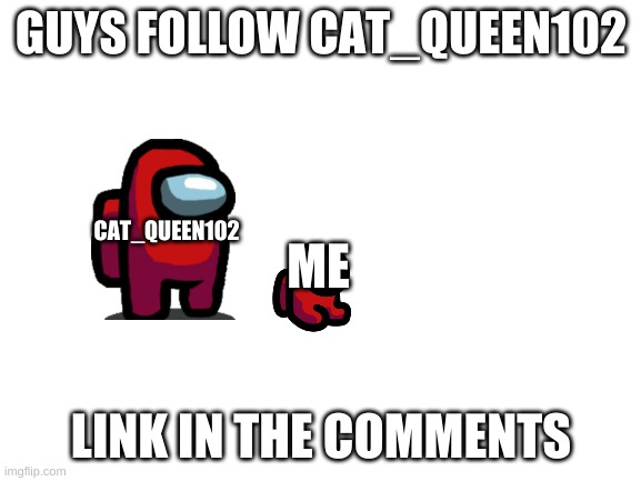 Blank White Template | GUYS FOLLOW CAT_QUEEN102; CAT_QUEEN102; ME; LINK IN THE COMMENTS | image tagged in blank white template | made w/ Imgflip meme maker