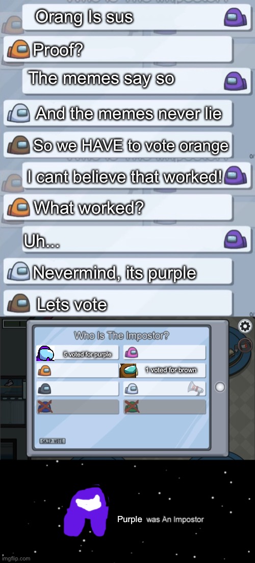 Memes never lie! (that was until the imposter blew it!) | Orang Is sus; Proof? The memes say so; And the memes never lie; So we HAVE to vote orange; I cant believe that worked! What worked? Uh... Nevermind, its purple; Lets vote; 5 voted for purple; 1 voted for brown; Purple | image tagged in among us conversation,among us voting screen template,among us not the imposter,bad drawing | made w/ Imgflip meme maker