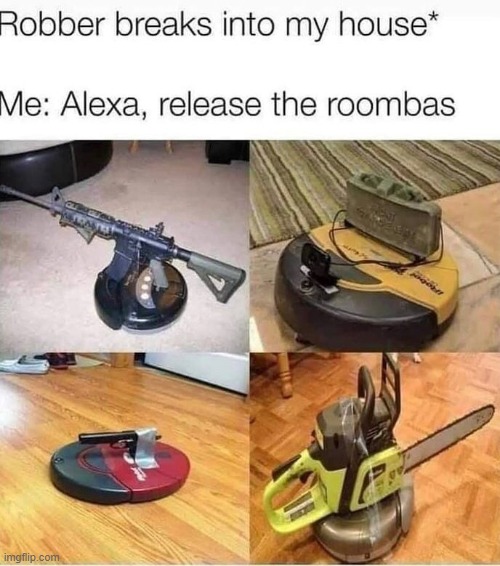 Alexa release the roombas | image tagged in alexa,funny,memes,roomba,ar15,amazon echo | made w/ Imgflip meme maker