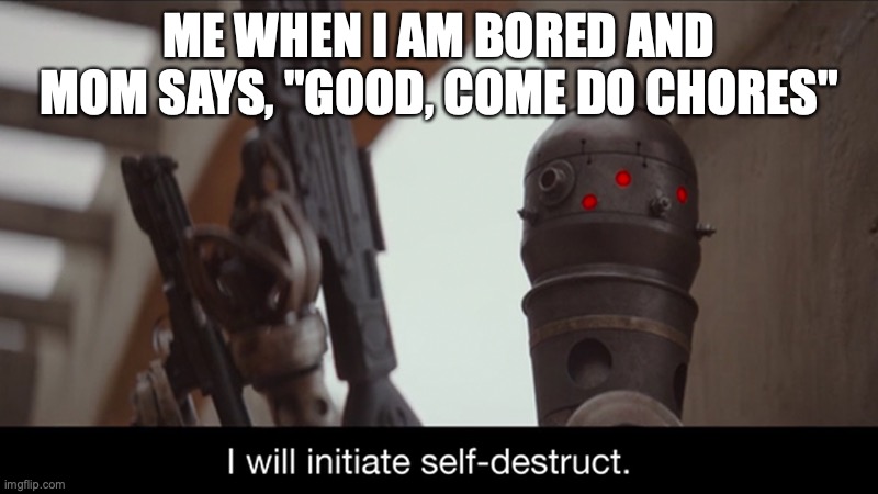 I Will Initiate Self-Destruct | ME WHEN I AM BORED AND MOM SAYS, "GOOD, COME DO CHORES" | image tagged in i will initiate self-destruct | made w/ Imgflip meme maker