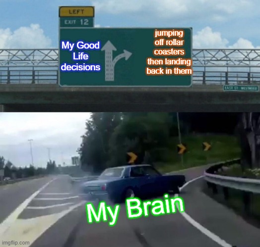 Left Exit 12 Off Ramp | jumping off rollar coasters then landing back in them; My Good Life decisions; My Brain | image tagged in memes,left exit 12 off ramp | made w/ Imgflip meme maker