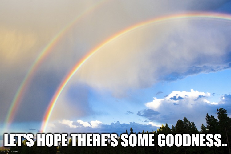 im about to cry! | LET'S HOPE THERE'S SOME GOODNESS.. | image tagged in double-rainbows | made w/ Imgflip meme maker