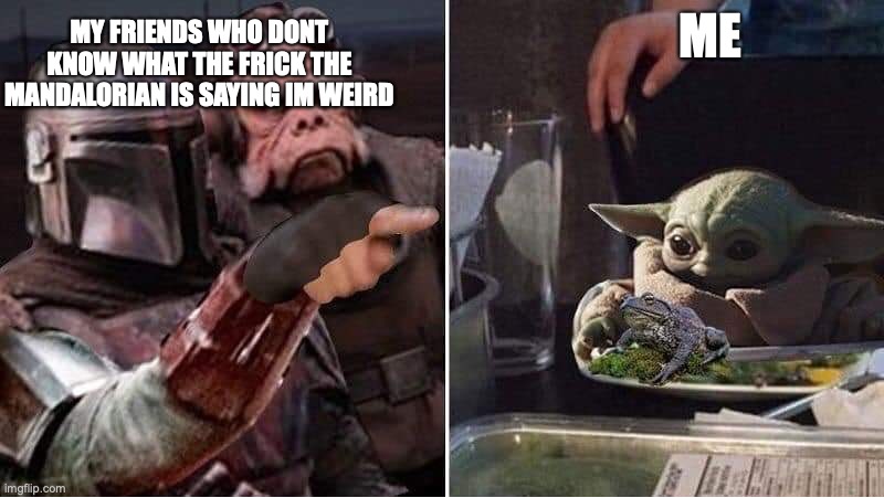 none of my friends watch sadly | MY FRIENDS WHO DONT KNOW WHAT THE FRICK THE MANDALORIAN IS SAYING IM WEIRD; ME | image tagged in mandalorian yelling at baby yoda | made w/ Imgflip meme maker