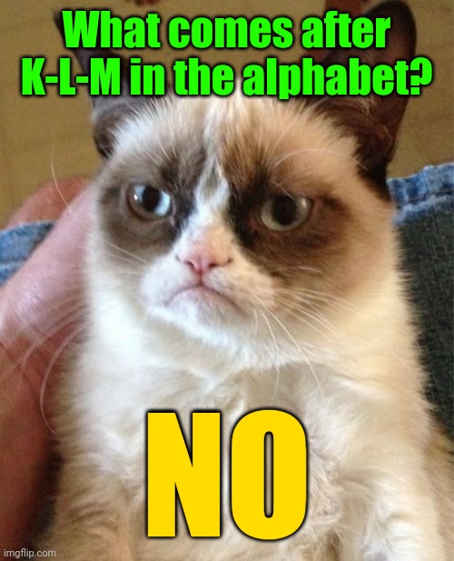 Grumpy Cat Meme | What comes after K-L-M in the alphabet? NO | image tagged in memes,grumpy cat | made w/ Imgflip meme maker