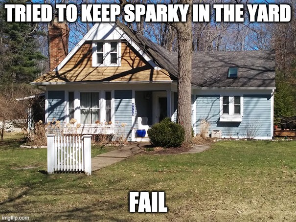 one fence | TRIED TO KEEP SPARKY IN THE YARD; FAIL | image tagged in useless | made w/ Imgflip meme maker