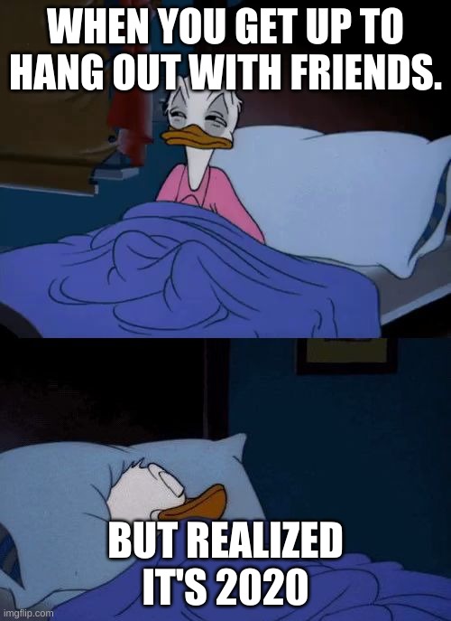 2020 | WHEN YOU GET UP TO HANG OUT WITH FRIENDS. BUT REALIZED IT'S 2020 | image tagged in donald duck wake up | made w/ Imgflip meme maker