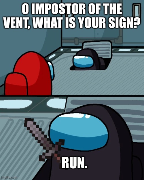 impostor of the vent | O IMPOSTOR OF THE VENT, WHAT IS YOUR SIGN? RUN. | image tagged in impostor of the vent | made w/ Imgflip meme maker